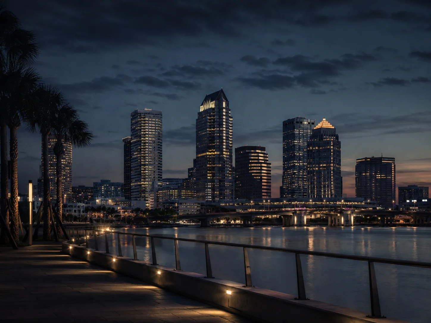 Downtown Tampa skyline at dusk seen along the lit Riverwalk promenade across the water.