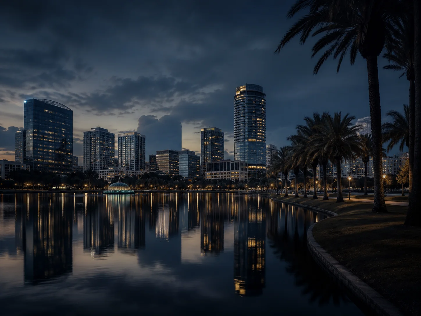 Downtown Orlando skyline at blue hour reflected across Lake Eola, framed by palms.