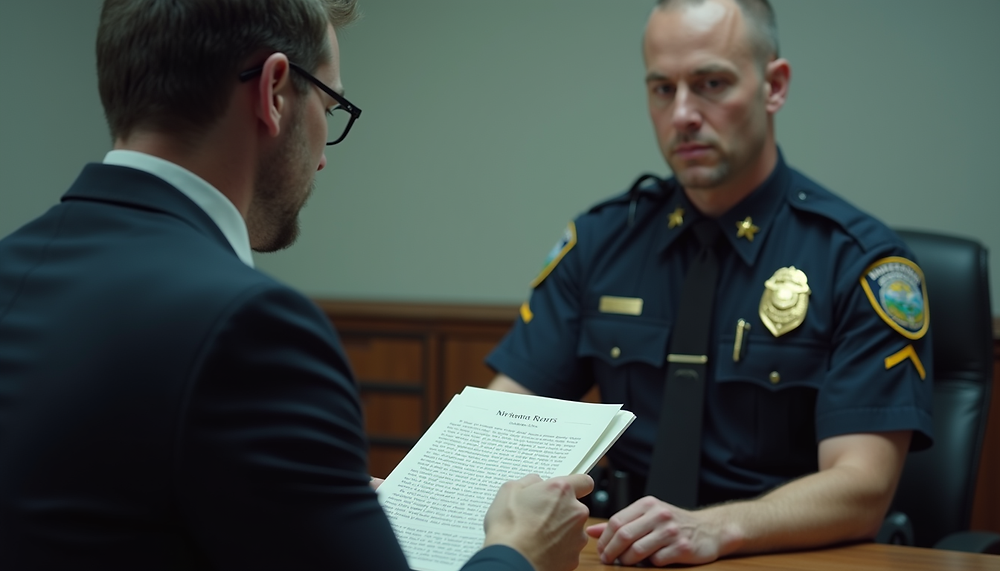 An attorney reviewing a written statement across a table from a uniformed police officer