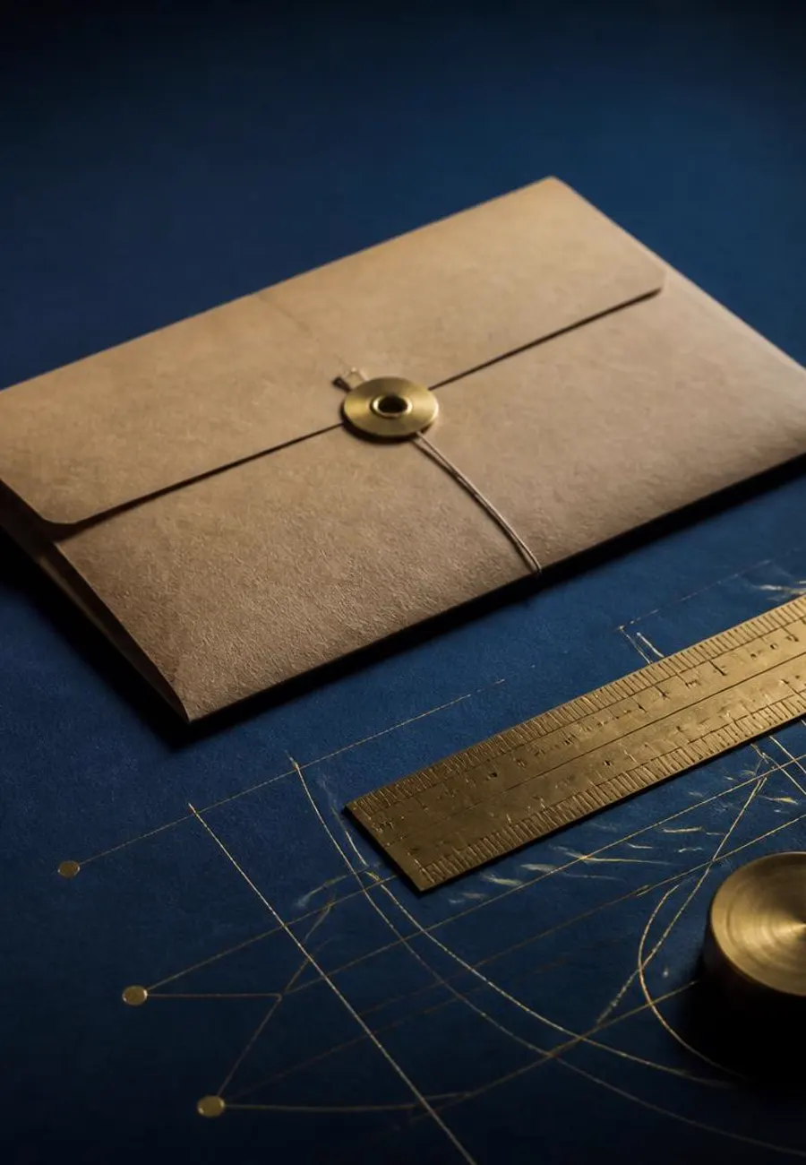 A sealed manila envelope beside a brass ruler and measuring instrument on a navy surface