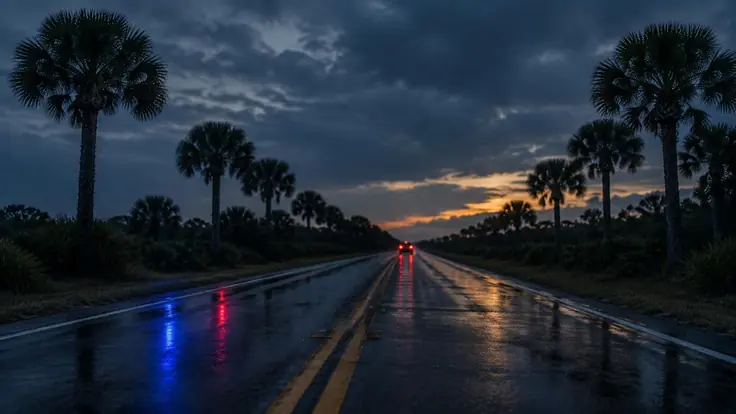 Empty Florida highway at dusk with a lone set of taillights and a distant patrol car's lights reflecting off wet pavement