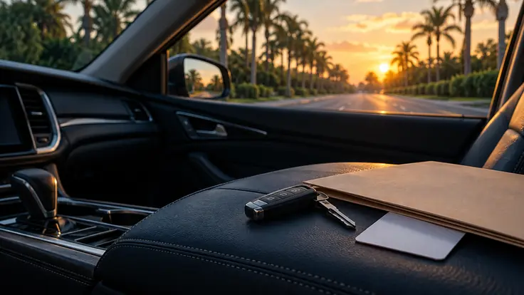 Car keys, a blank driver's license card and a closed document folder resting on a car's center console, with a palm-lined Florida road stretching toward a low sun