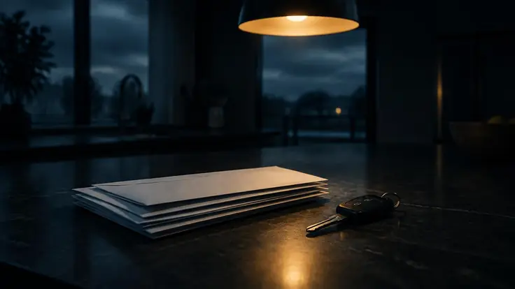 Una pila de sobres oficiales y una llave de auto sobre el mostrador de una cocina, iluminados por una sola lámpara de noche