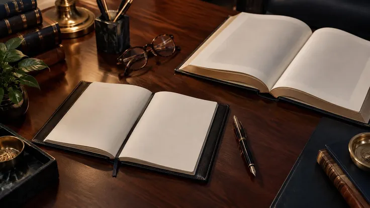 AI-generated editorial illustration of notebooks, reference books, reading glasses and a pen on a research table