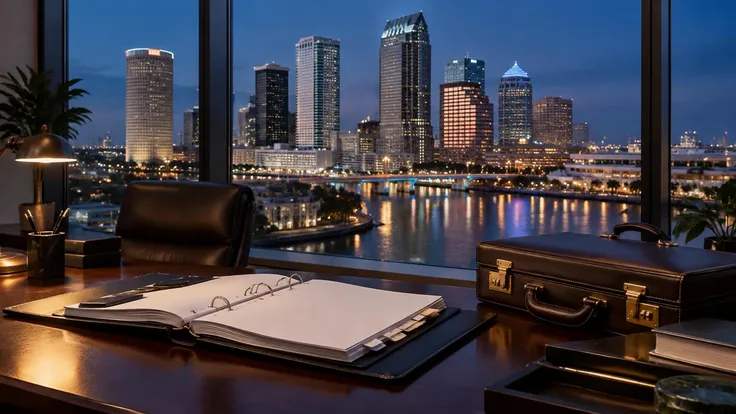 AI-generated editorial illustration of a case binder and briefcase overlooking the Tampa waterfront at dusk, not the firm's office
